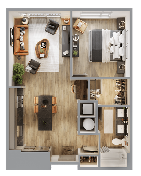Floor plan for 1 bed, 1 bath, 748 sqft